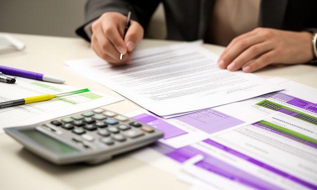 Legal adviser marking up supplier agreement terms at a desk with a calculator nearby