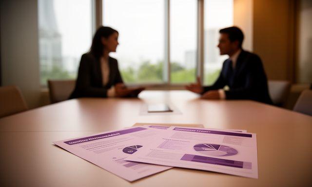 Two business people discussing a renewal pack beside a window in a modern boardroom