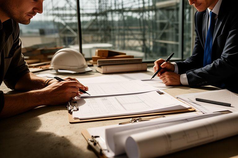 Property developer and lawyer reviewing construction contract drawings at a site office table
