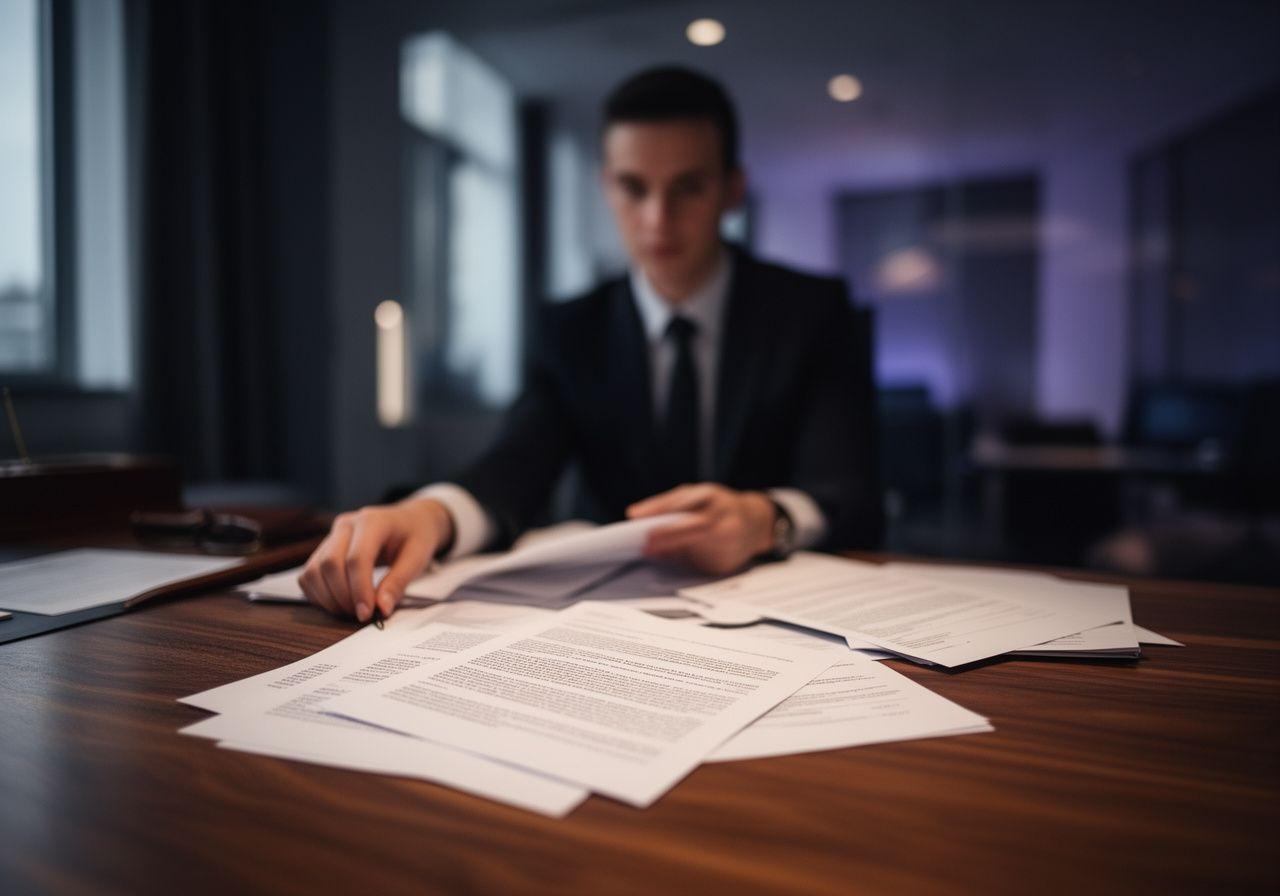 Lawyer reviewing a contract at a walnut desk in a London office with soft window light
