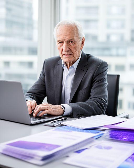 Senior contracts solicitor reviewing a technology agreement beside a laptop in a modern London office